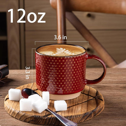 12 OZ Stackable Coffee Mugs Set of 4, Ceramic Coffee Cups with Texture Patterns for Man,Woman,Dad,Mom, Modern Mugs Set for Latte/Cappuccino/Cocoa. Dishwasher&Microwave Safe, Red - Renee Lane Company
