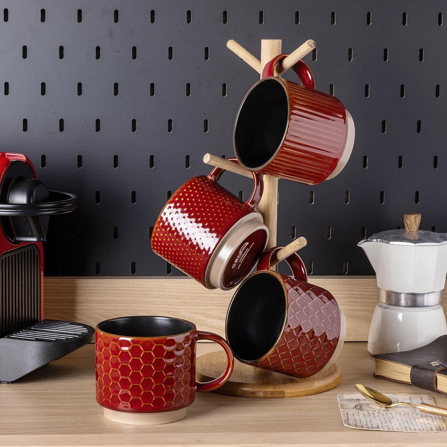 12 OZ Stackable Coffee Mugs Set of 4, Ceramic Coffee Cups with Texture Patterns for Man,Woman,Dad,Mom, Modern Mugs Set for Latte/Cappuccino/Cocoa. Dishwasher&Microwave Safe, Red - Renee Lane Company