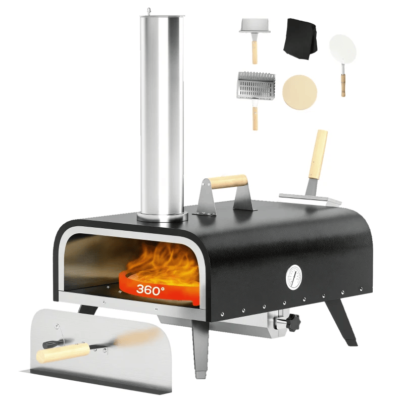 12-inch Automatic Rotating Pizza Oven with Built-in Thermometer-Portable Wood-Fired Pizza Oven, Outdoor Kitchen Authentic Stone-Baked Pizza, Independent Carbon Grill, Wheel-equipped Pizza - Renee Lane Company