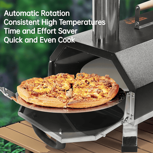 12-inch Automatic Rotating Pizza Oven with Built-in Thermometer-Portable Wood-Fired Pizza Oven, Outdoor Kitchen Authentic Stone-Baked Pizza, Independent Carbon Grill, Wheel-equipped Pizza - Renee Lane Company