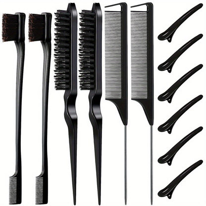12 pieces Salon-Grade Nylon Teasing Brush Set with Double-Sided Design and Duckbill Clips for Smooth and Controlled Hair Styling - Renee Lane Company