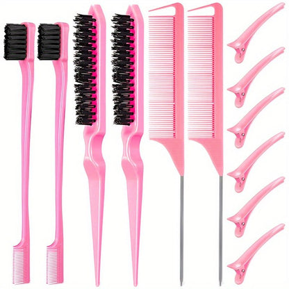 12 pieces Salon-Grade Nylon Teasing Brush Set with Double-Sided Design and Duckbill Clips for Smooth and Controlled Hair Styling - Renee Lane Company