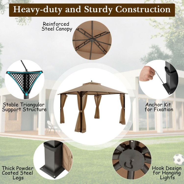 12 x 10 Feet Outdoor Double Top Patio Gazebo with Netting - Renee Lane Company