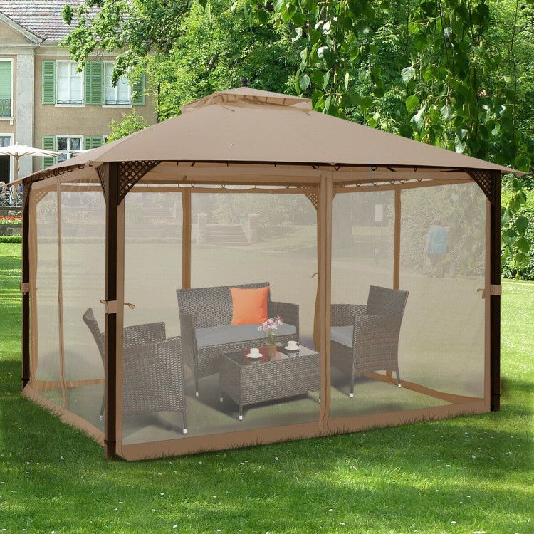 12 x 10 Feet Outdoor Double Top Patio Gazebo with Netting - Renee Lane Company