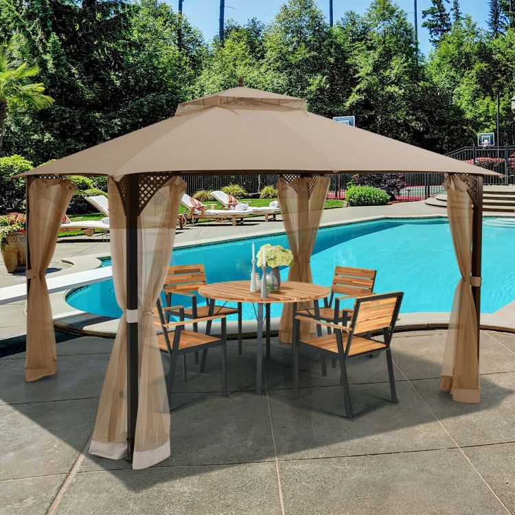 12 x 10 Feet Outdoor Double Top Patio Gazebo with Netting - Renee Lane Company
