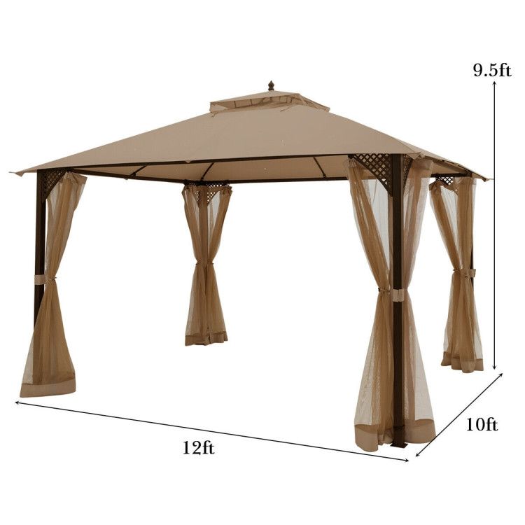 12 x 10 Feet Outdoor Double Top Patio Gazebo with Netting - Renee Lane Company