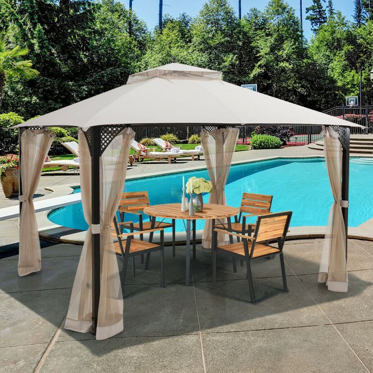 12 x 10 Feet Outdoor Double Top Patio Gazebo with Netting - Renee Lane Company
