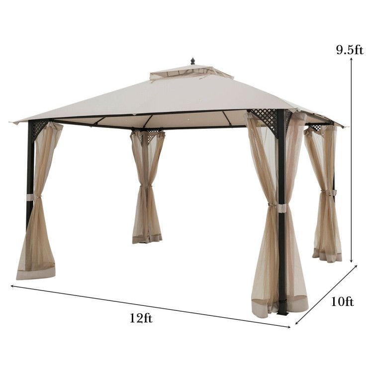 12 x 10 Feet Outdoor Double Top Patio Gazebo with Netting - Renee Lane Company