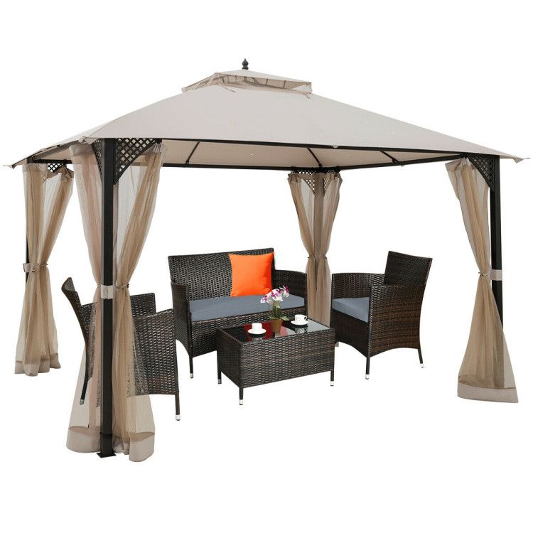 12 x 10 Feet Outdoor Double Top Patio Gazebo with Netting - Renee Lane Company