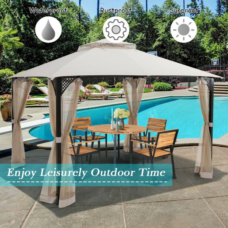 12 x 10 Feet Outdoor Double Top Patio Gazebo with Netting - Renee Lane Company