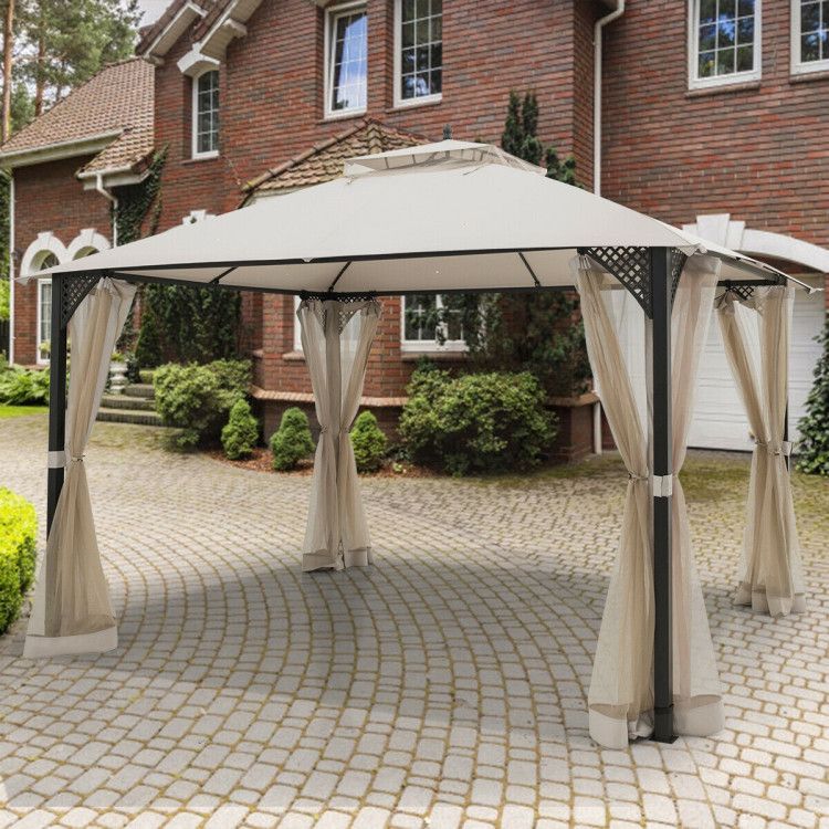 12 x 10 Feet Outdoor Double Top Patio Gazebo with Netting - Renee Lane Company