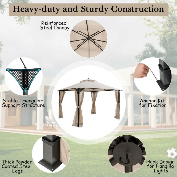 12 x 10 Feet Outdoor Double Top Patio Gazebo with Netting - Renee Lane Company