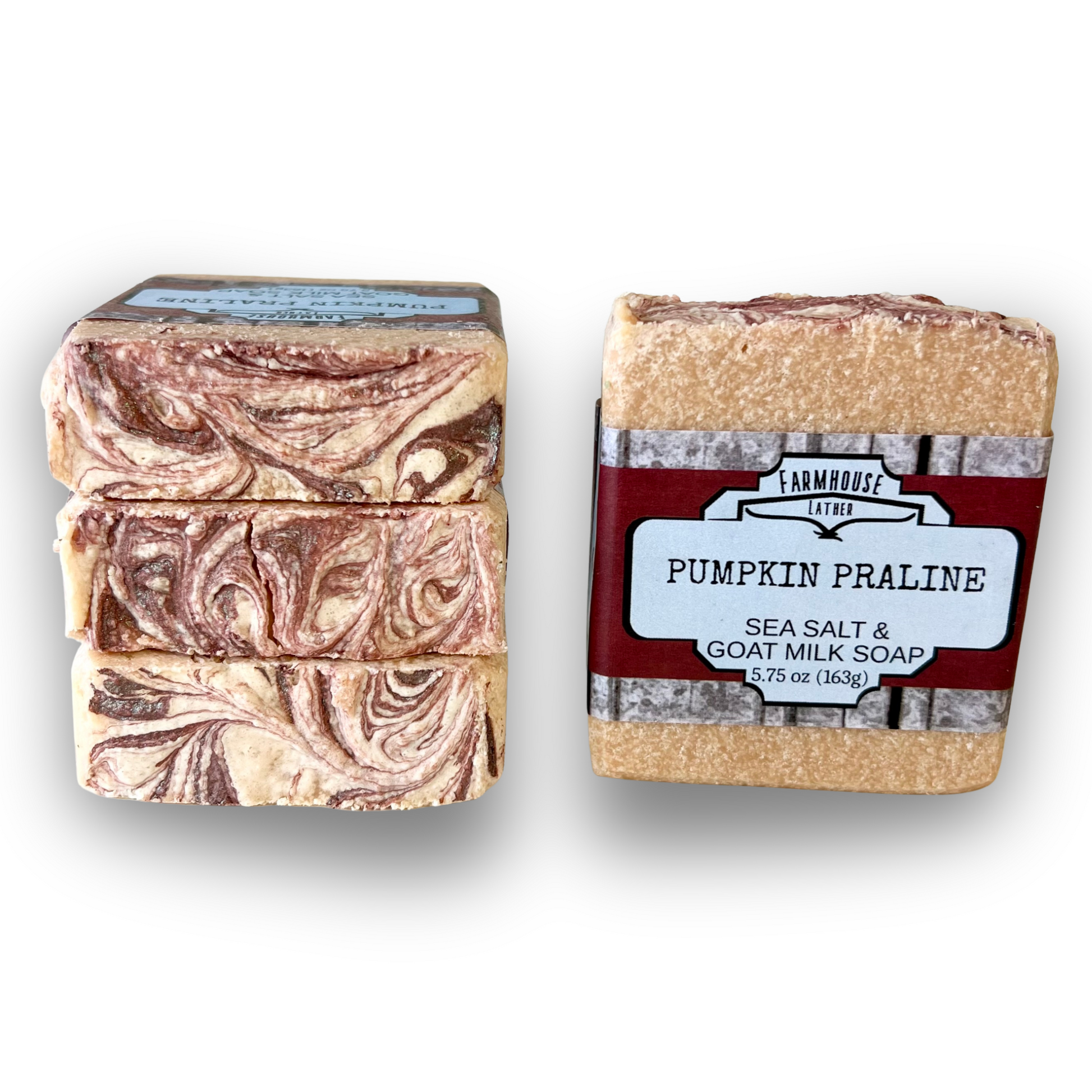 Pumpkin praline sea salt bar soap, marbled brown swirl, wrapper label on front