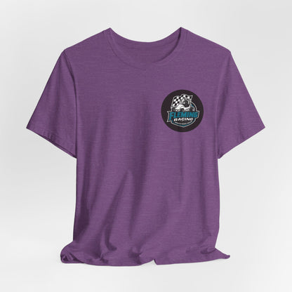 Purple racing logo T-shirt with small circular emblem on the chest