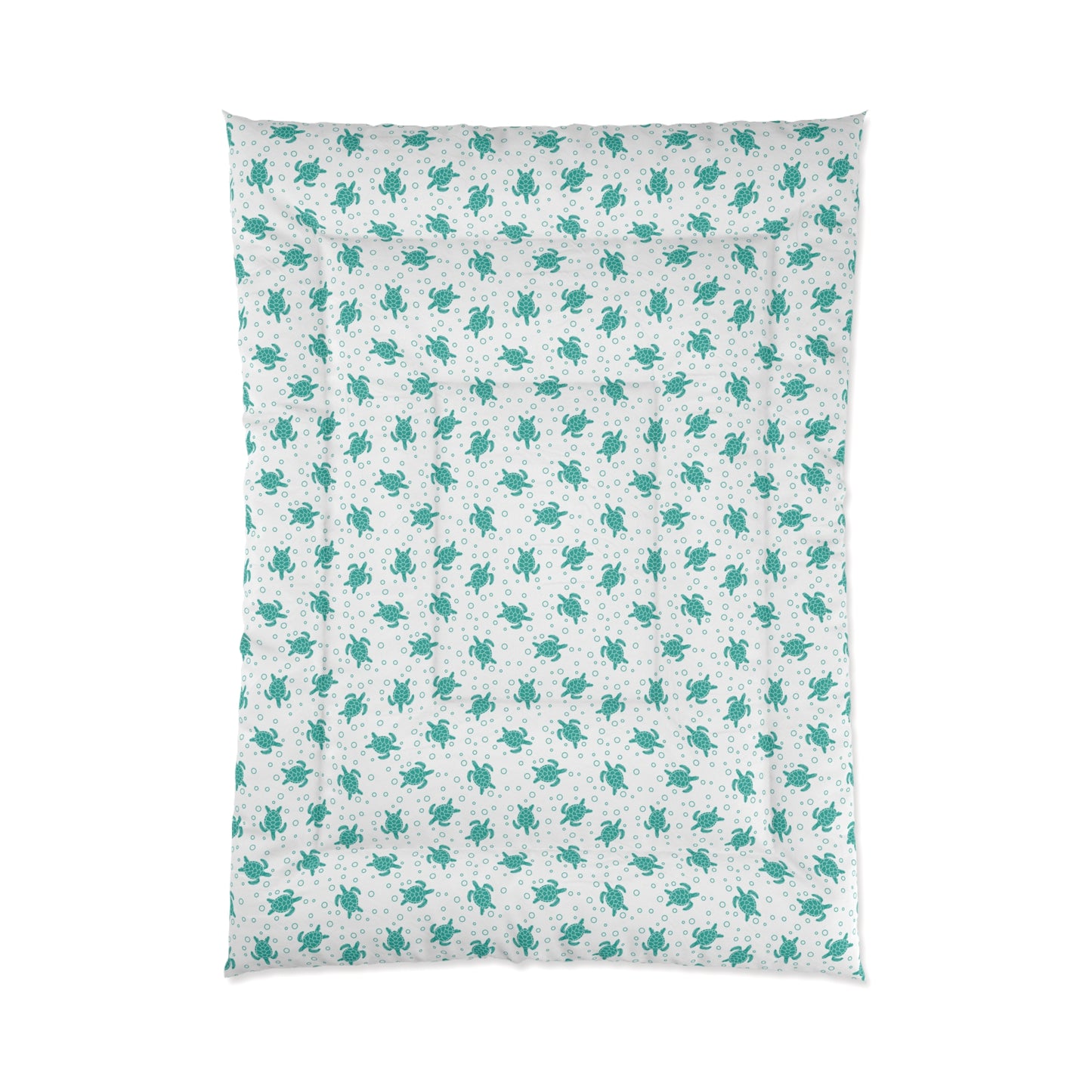 Comforter with teal all-over floral pattern on white fabric