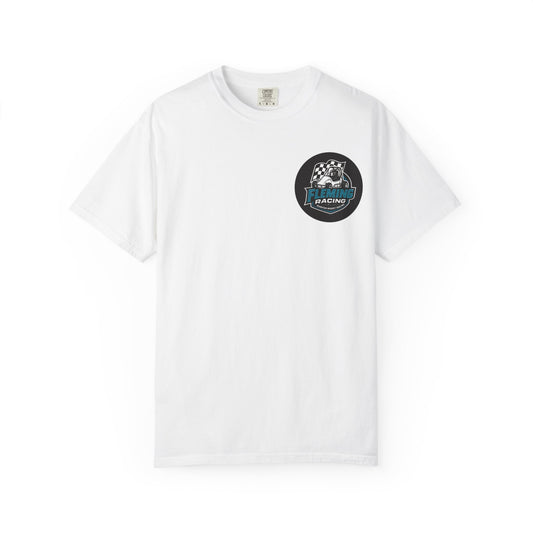 White Fleming Racing logo T-shirt with black circular checkered-flag badge
