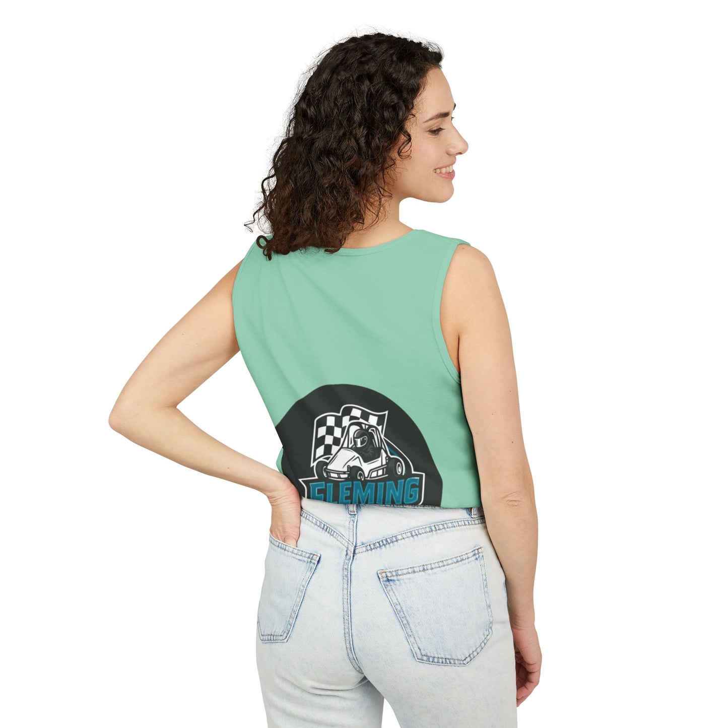 Fleming Racing tank top in mint green with back race logo circle graphic