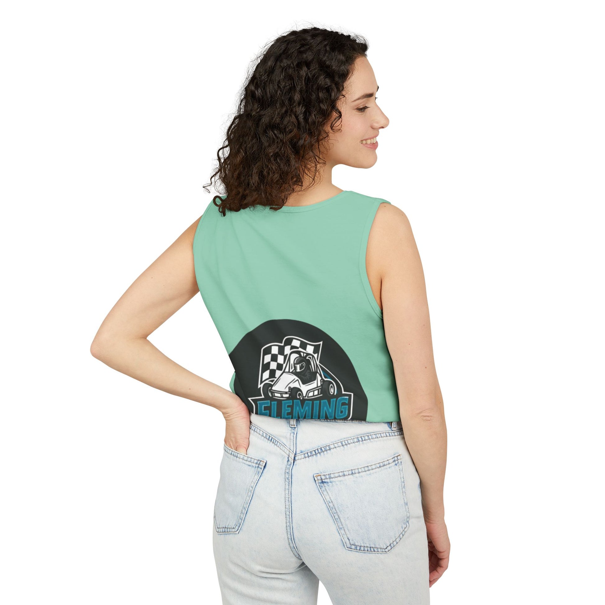 Fleming Racing tank top in mint green with back race logo circle graphic