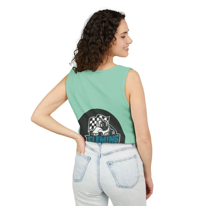 Fleming Racing tank top in mint green with back race logo circle graphic
