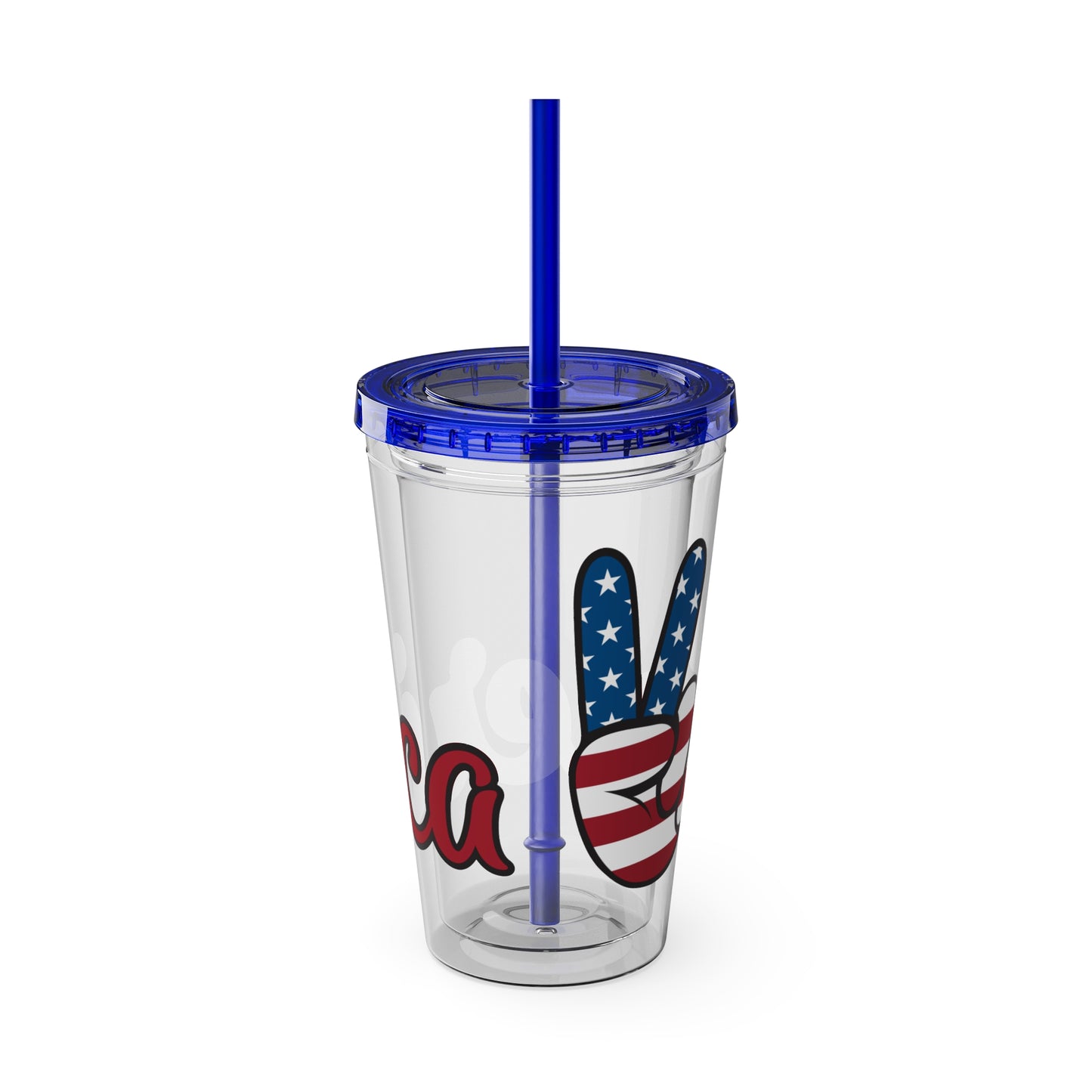 16oz peace sign tumbler, clear with blue lid and straw, American flag peace graphic