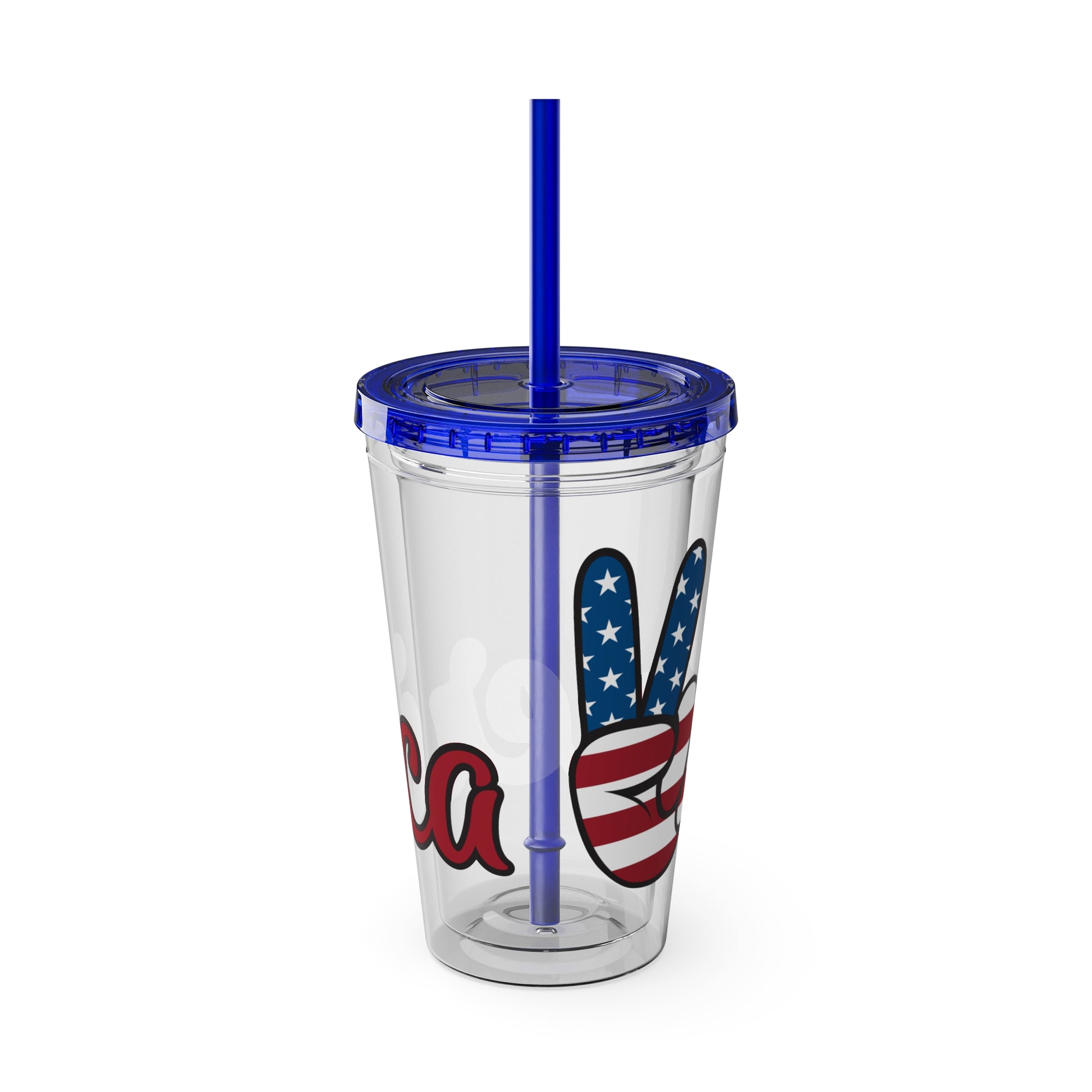 16oz peace sign tumbler, clear with blue lid and straw, American flag peace graphic