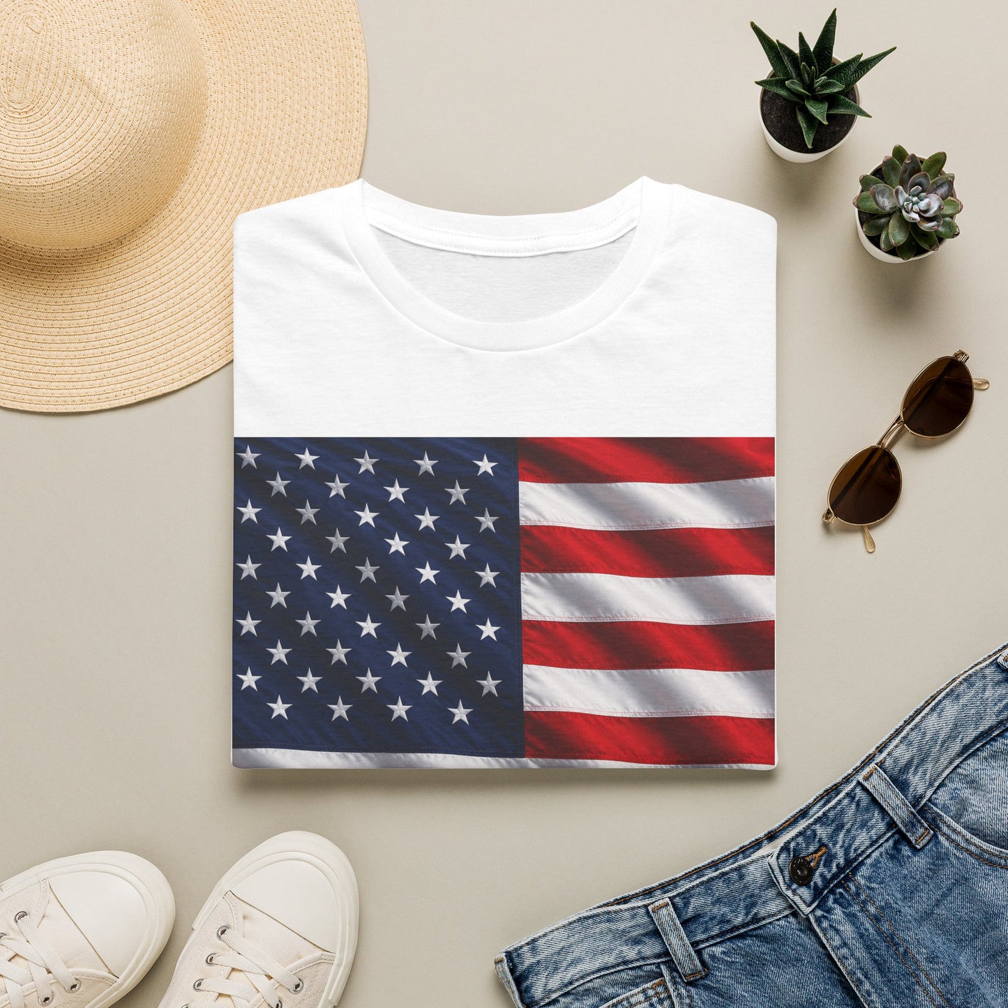White T-shirt with American flag graphic in blue stars and red stripes