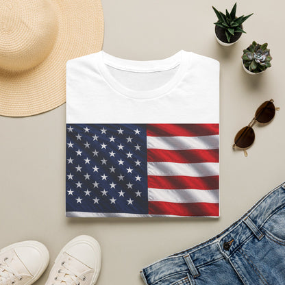 White T-shirt with American flag graphic in blue stars and red stripes
