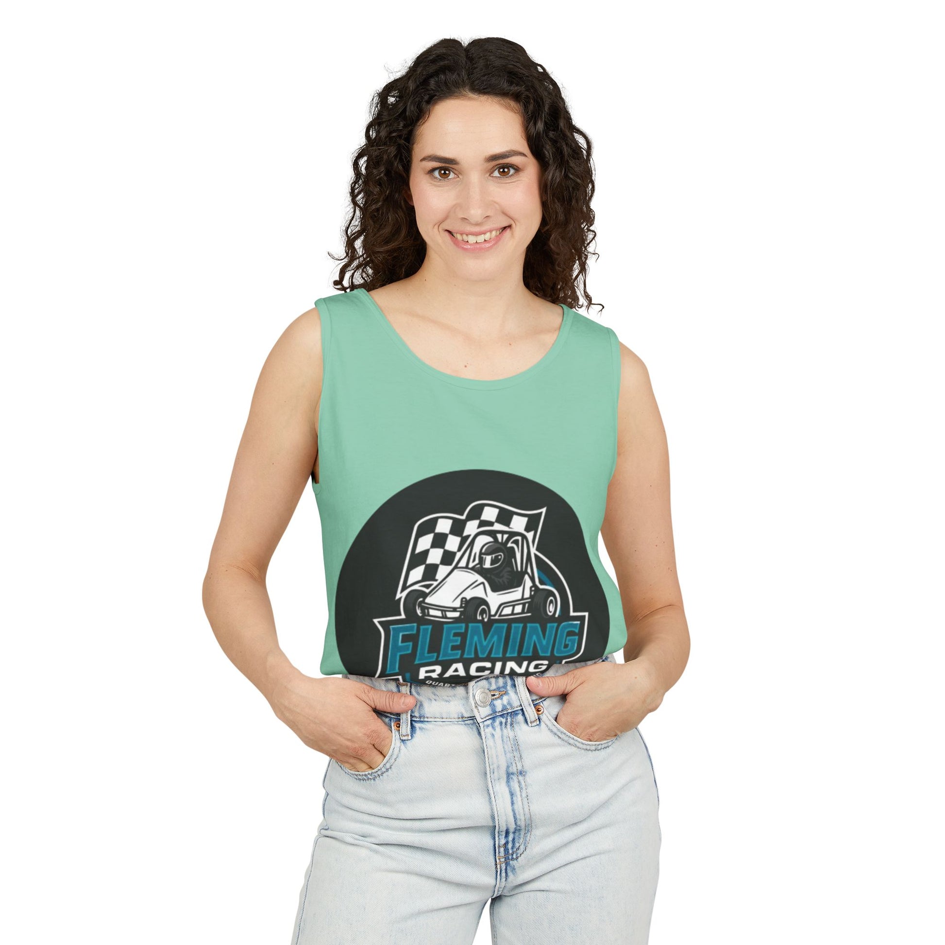 Fleming Racing tank top in mint green with front race logo circle graphic