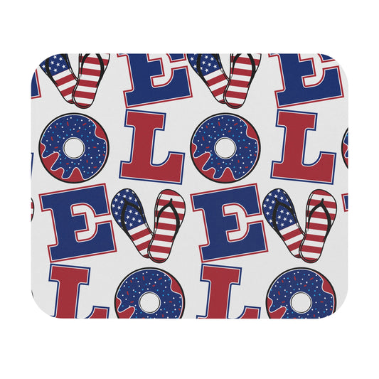 Rectangular patriotic mouse pad with blue red white letter, donut, and flip-flop pattern