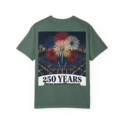 Green T-shirt with fireworks and “250 Years Celebrating Independence” graphic on front