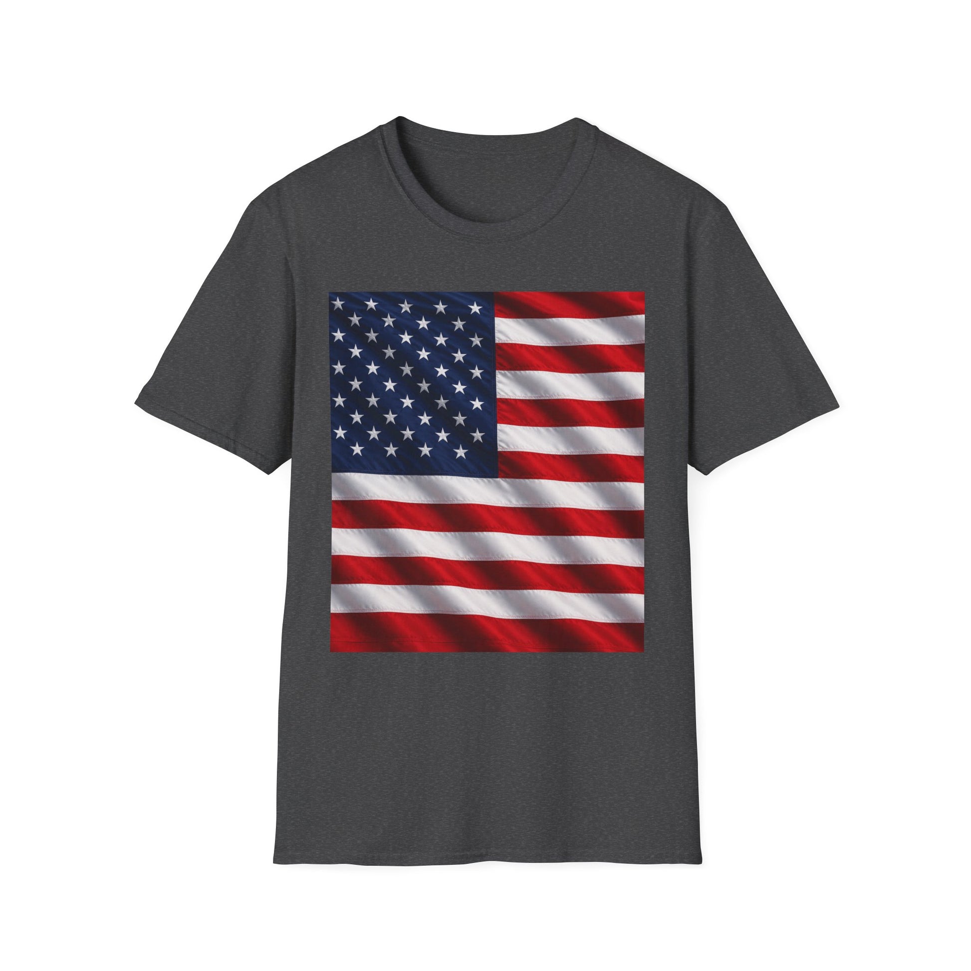 Graphic T-shirt, dark heather gray, square American flag print on front
