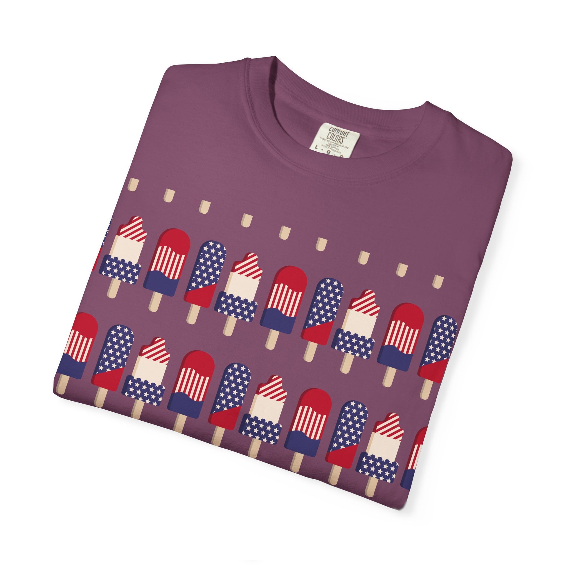 Plum graphic T-shirt with popsicle flag print and small yellow dot accents