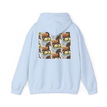 Light blue horse pattern hoodie with centered graphic panel on the back