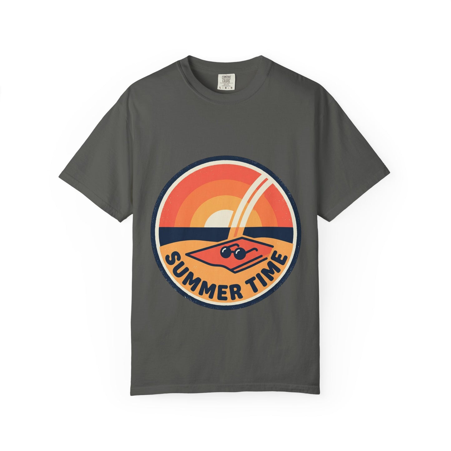 Dark gray short-sleeve T-shirt with 'Summer Time' retro sunset surf graphic on front