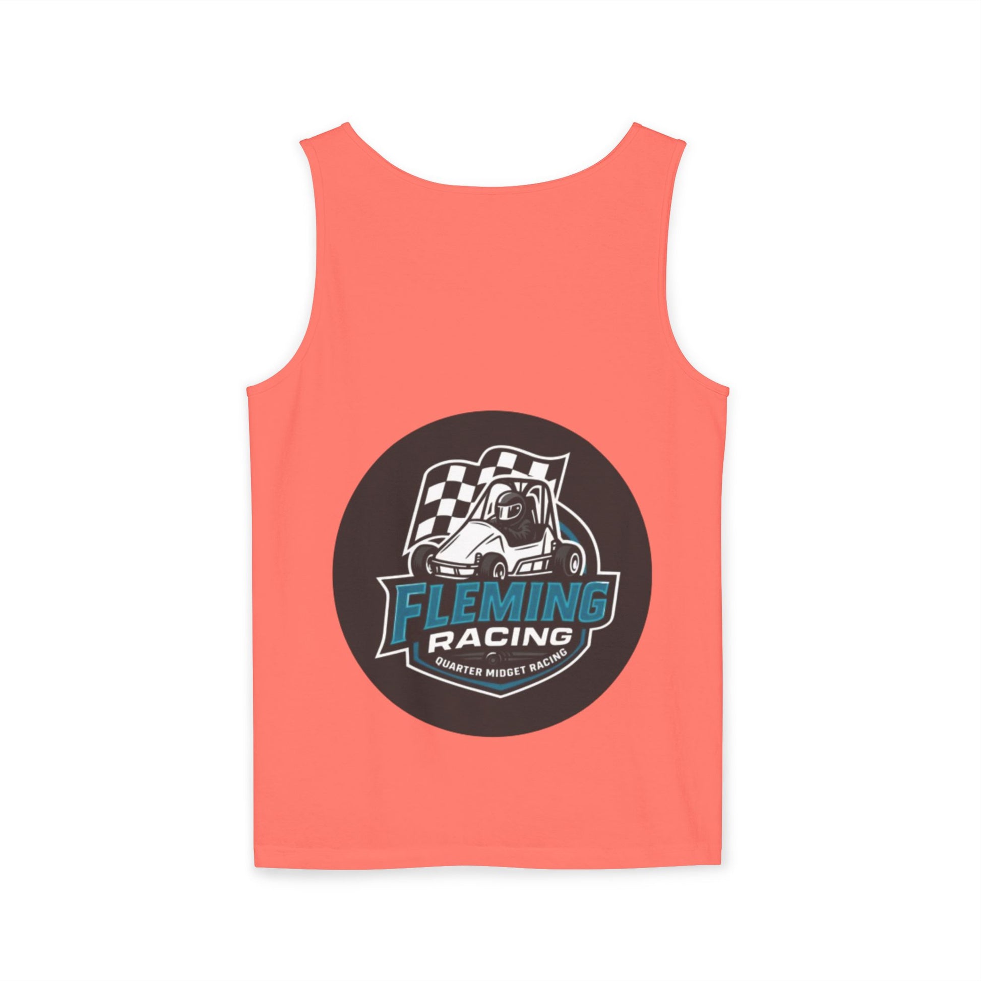 Coral salmon racing tank top with circular Fleming Racing graphic on front