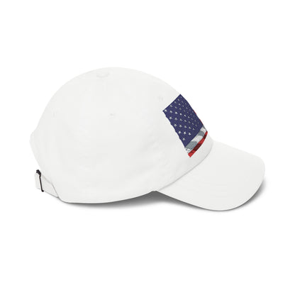 White dad cap with distressed American flag patch on the side