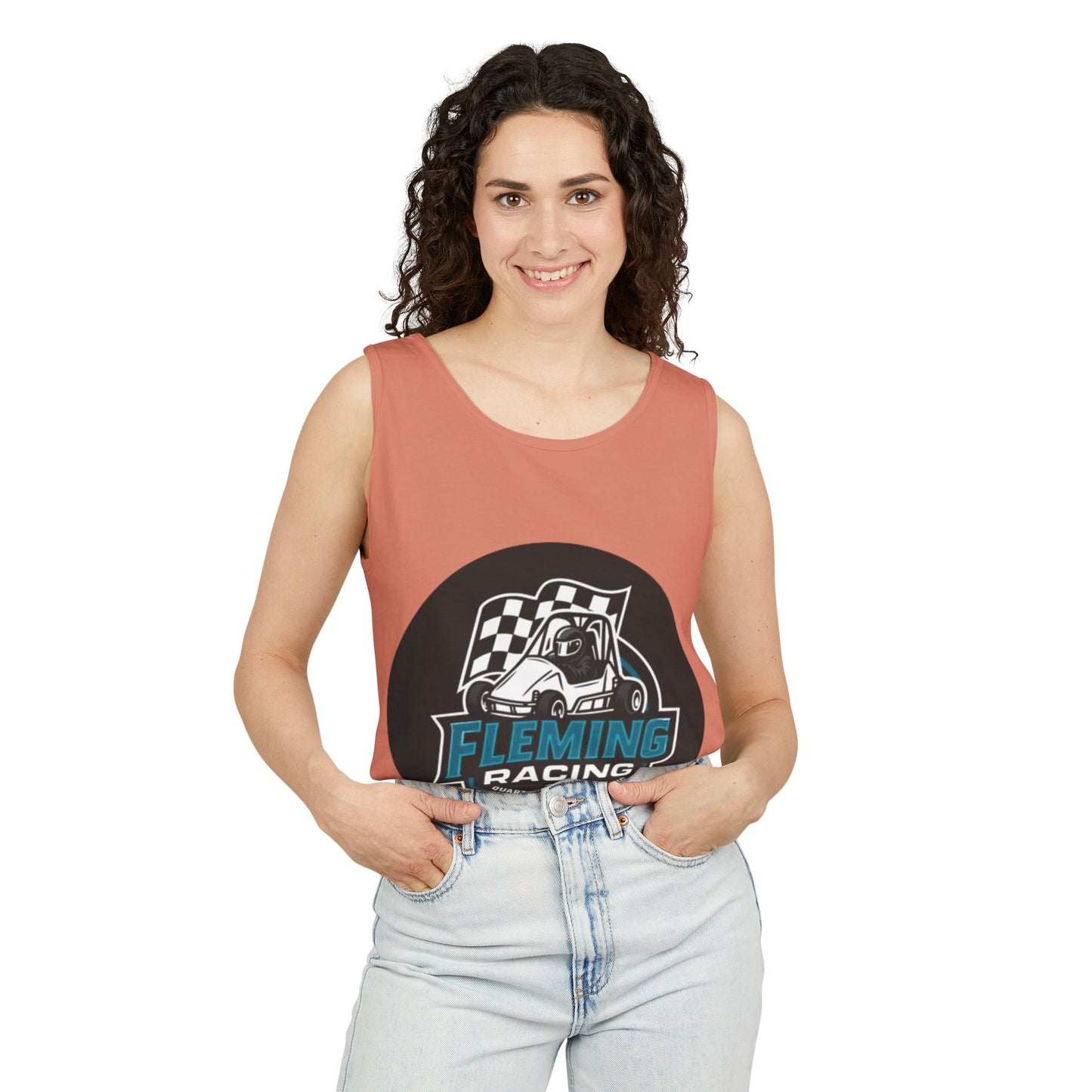 Coral racing tank top front view with black checkered motorsports graphic