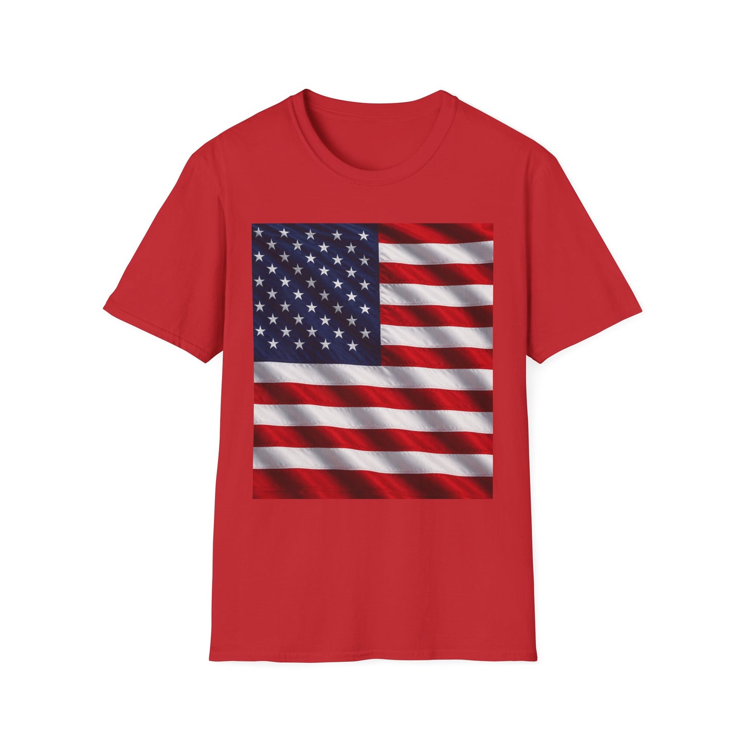 Red crewneck T-shirt with American flag graphic in rectangle