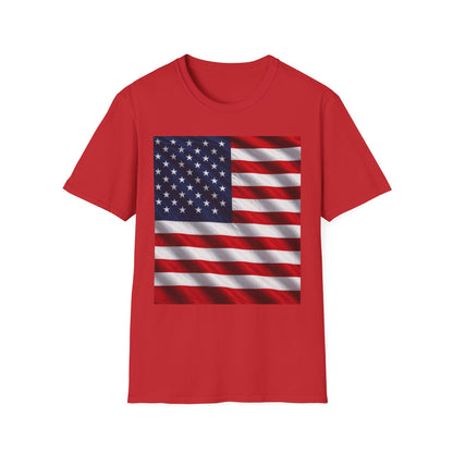 Red crewneck T-shirt with American flag graphic in rectangle