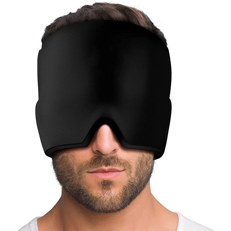 Black gel eye mask cap covering a man’s eyes and forehead