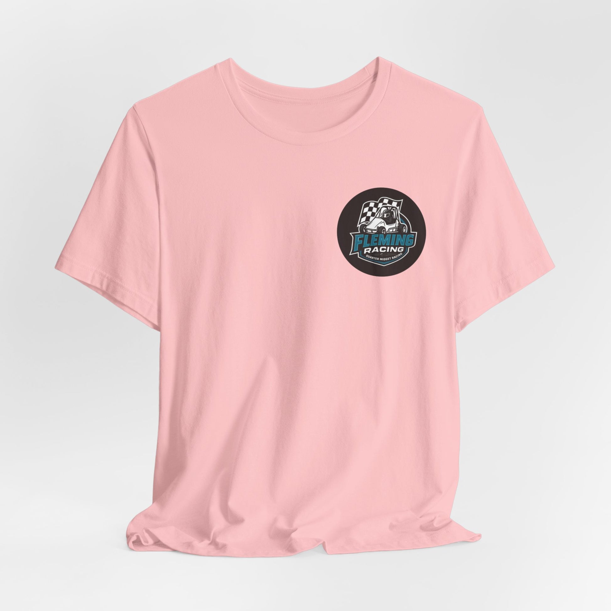 Light pink short-sleeve T-shirt with small Fleming Racing round logo emblem