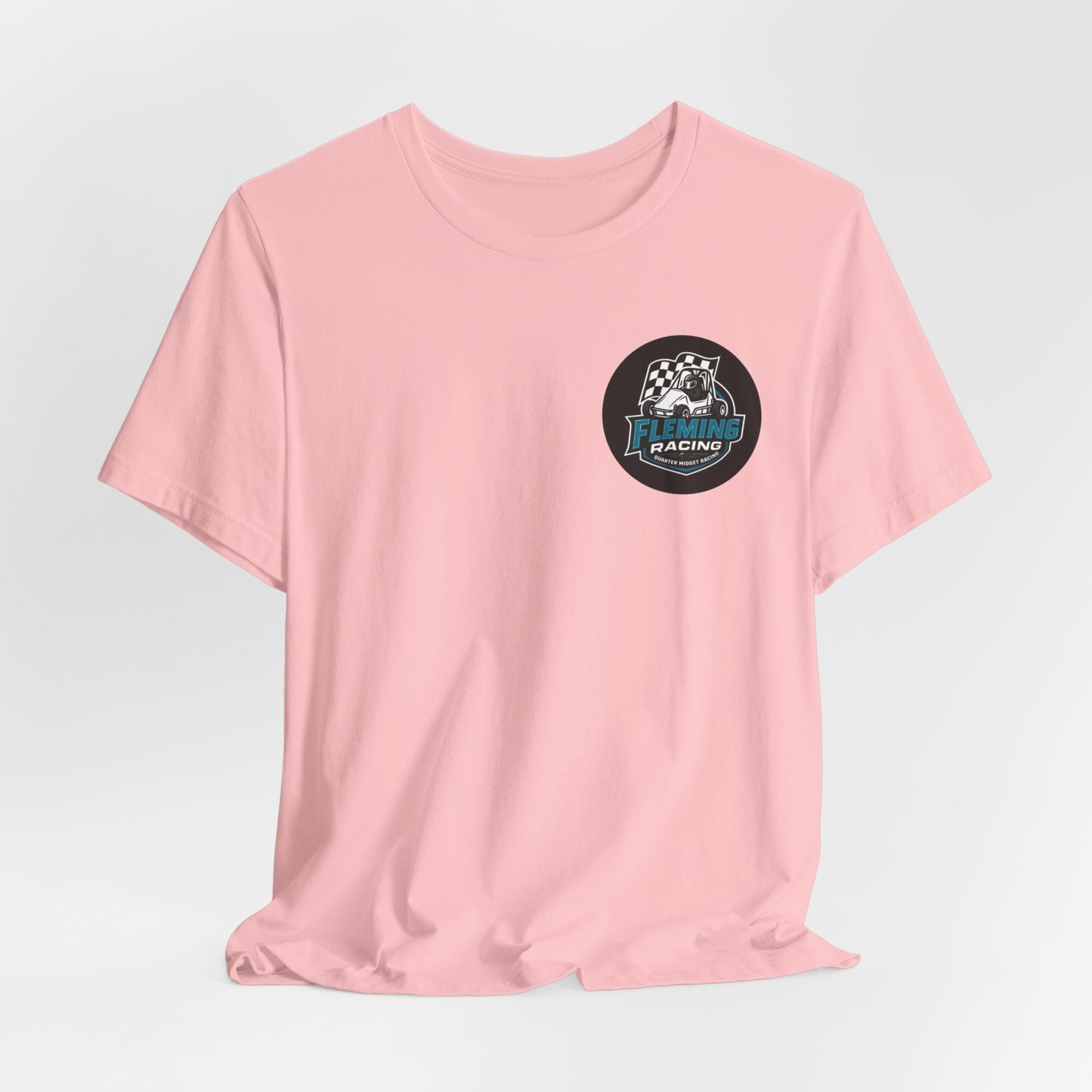 Fleming Racing logo T-shirt, blush pink crewneck with small circular race emblem