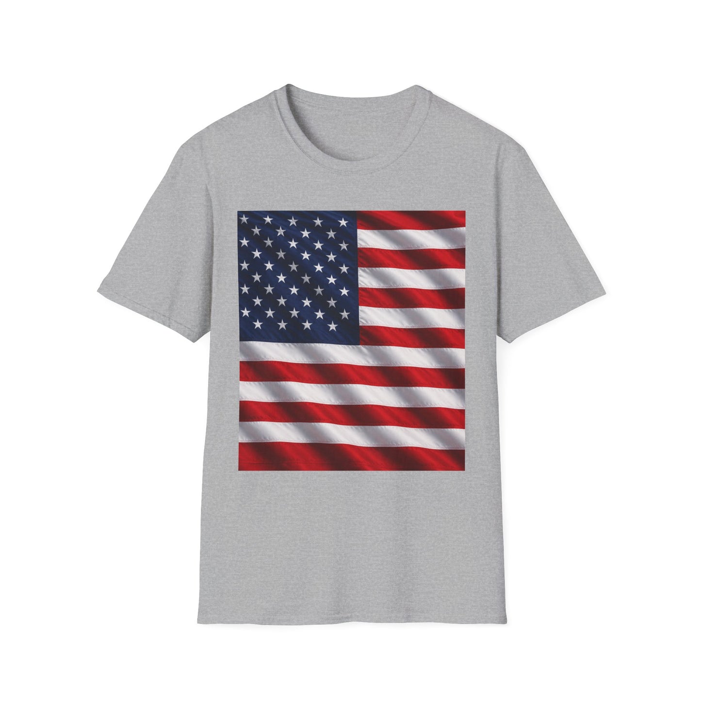Light gray crew-neck T-shirt with American flag graphic square print on the front