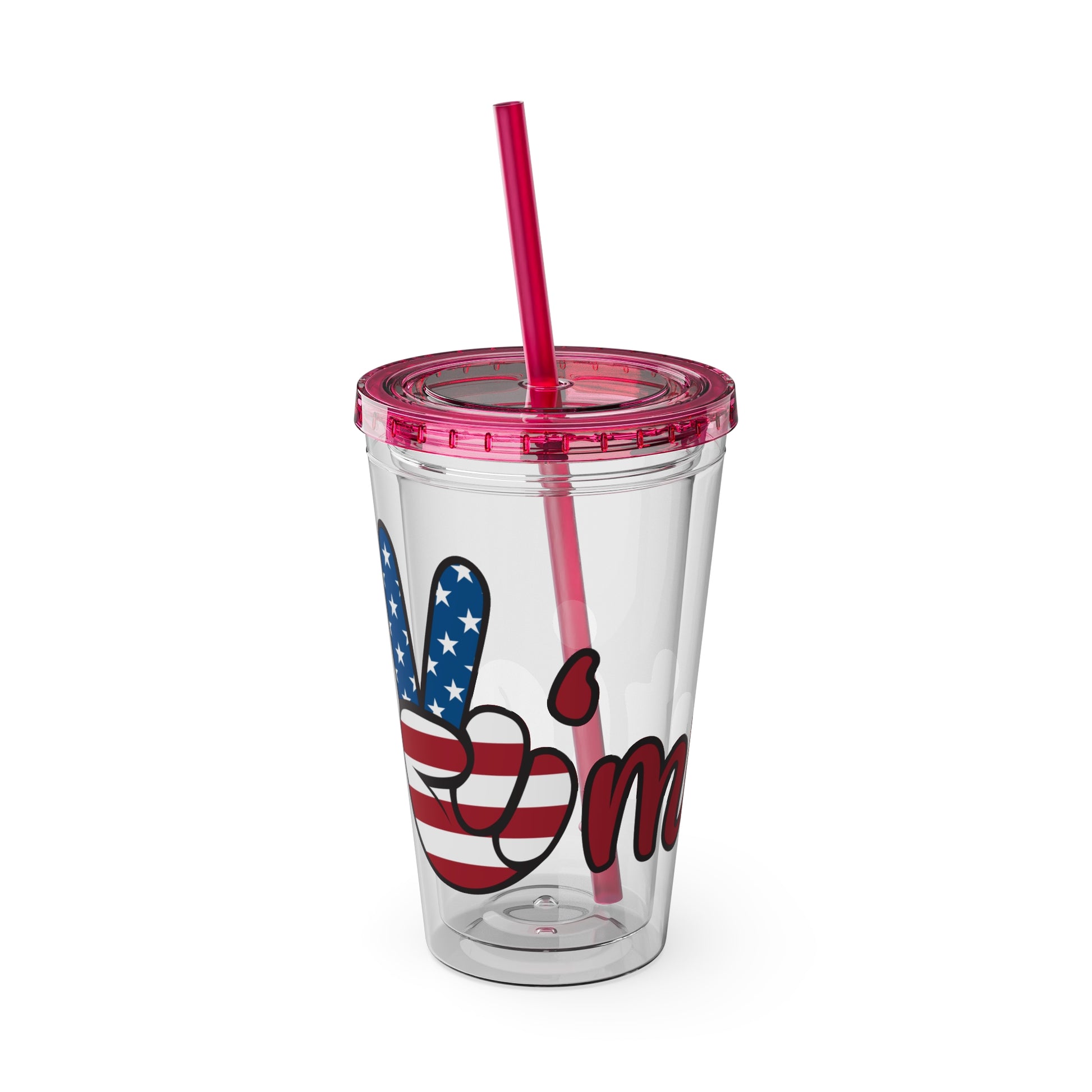 16oz peace sign tumbler, clear with red lid and straw, American flag heart graphic