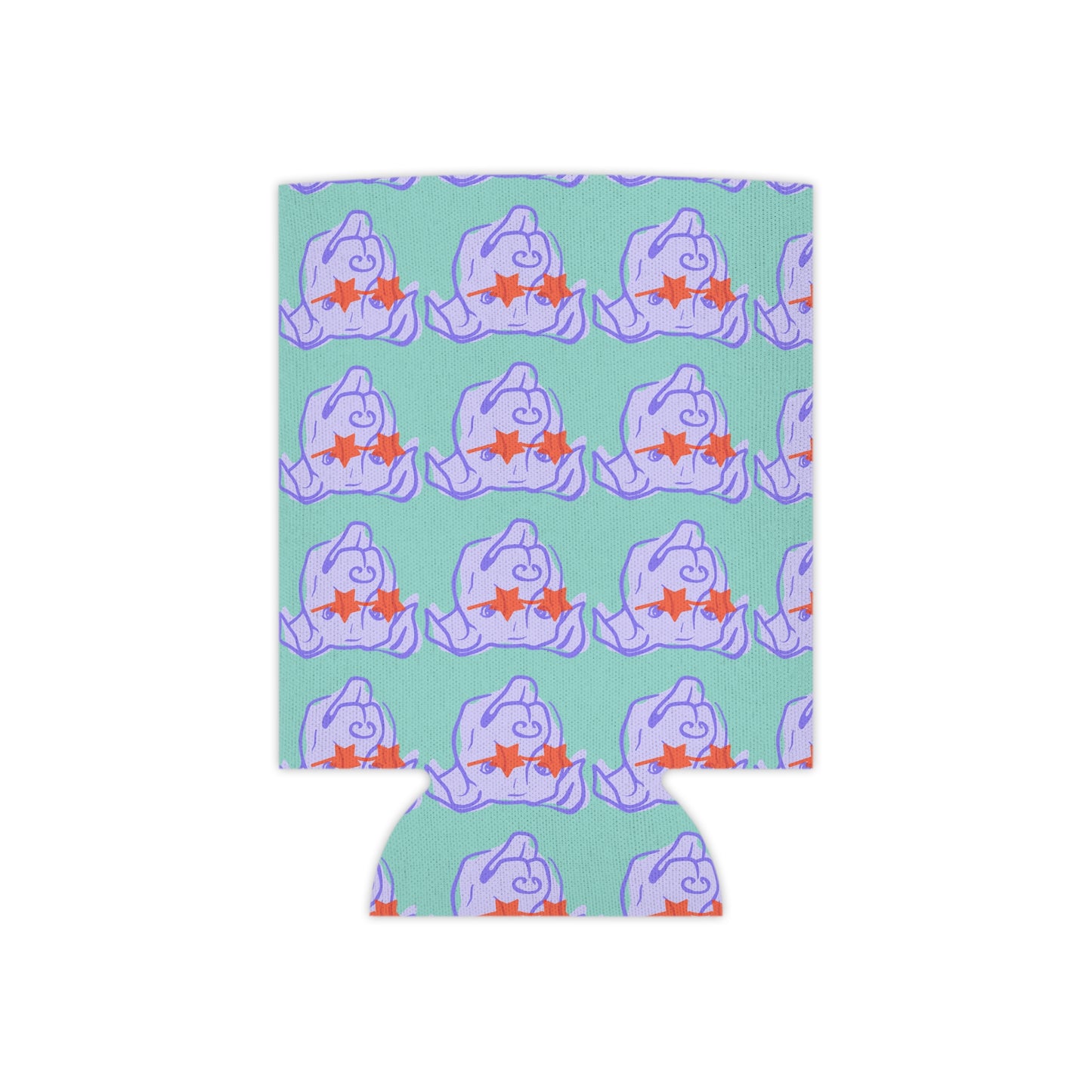 Neoprene can cooler fabric showing star-eyed dog pattern in lavender and orange.