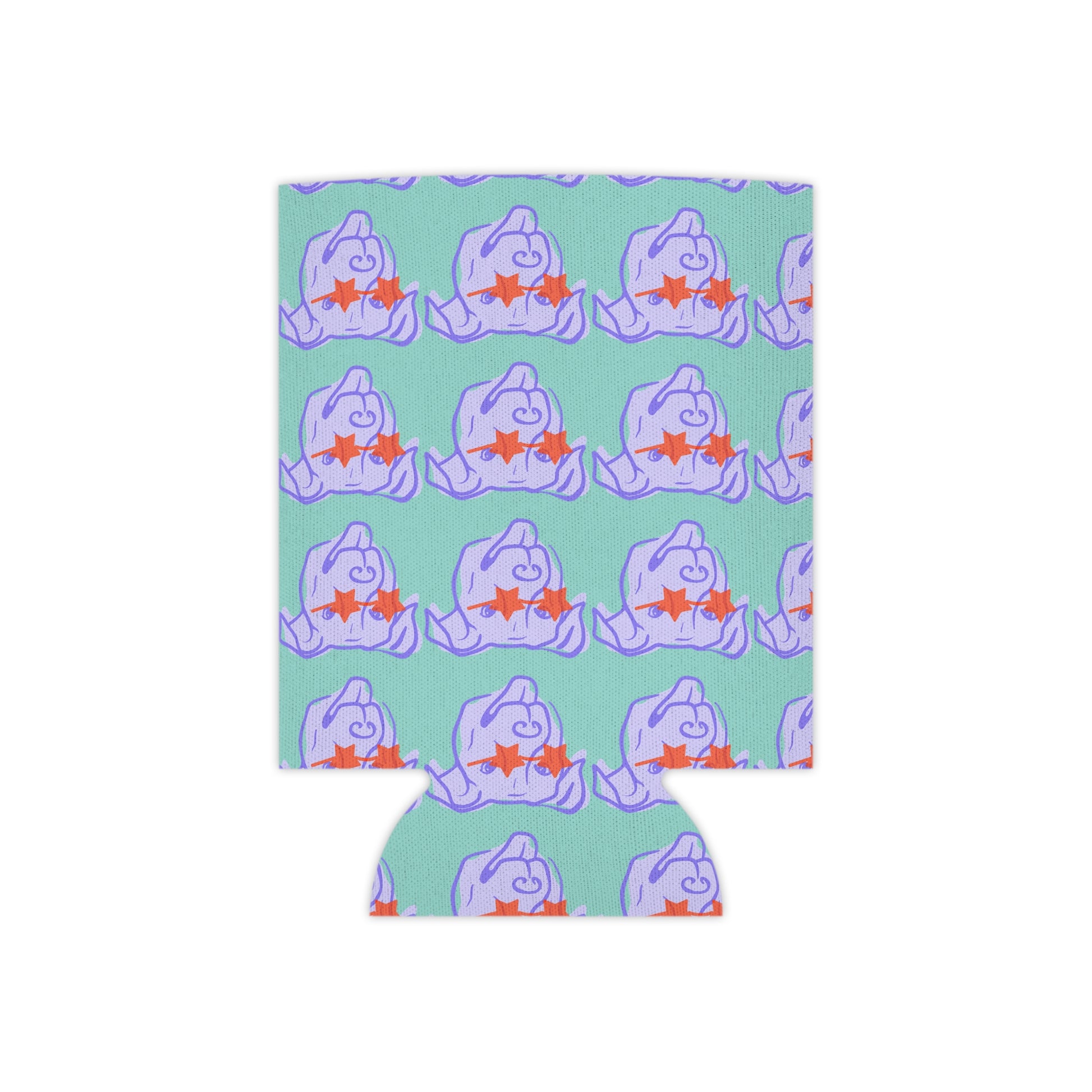 Neoprene can cooler fabric showing star-eyed dog pattern in lavender and orange.
