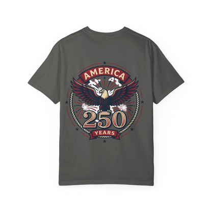 Unisex graphic T-shirt, dark gray with vintage eagle “America 250 Years” emblem