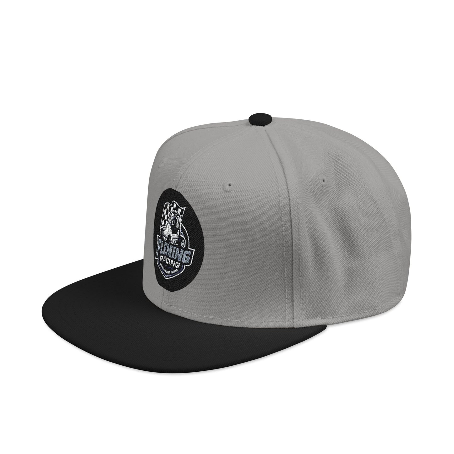 Embroidered baseball cap, light gray crown with black brim and ghost racing patch