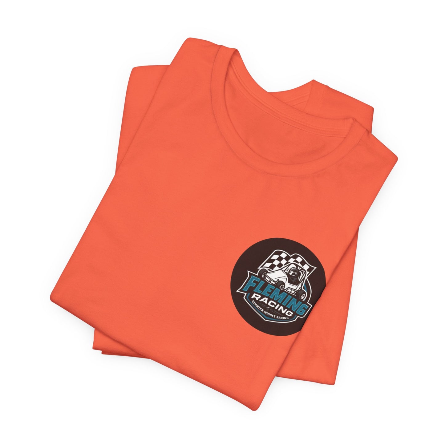 Coral orange racing logo T-shirt set with Fleming Racing emblem on chest