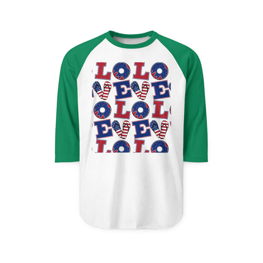 Raglan baseball shirt with green sleeves, white body, and 'LOL' patriotic letter graphic